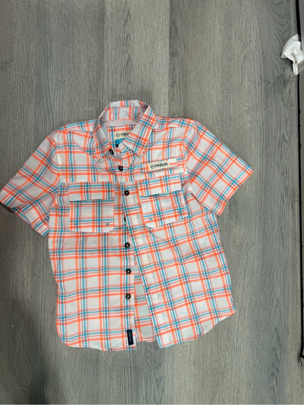 Magellan Outdoors Coral & Blue Plaid Short-Sleeve Button-Down